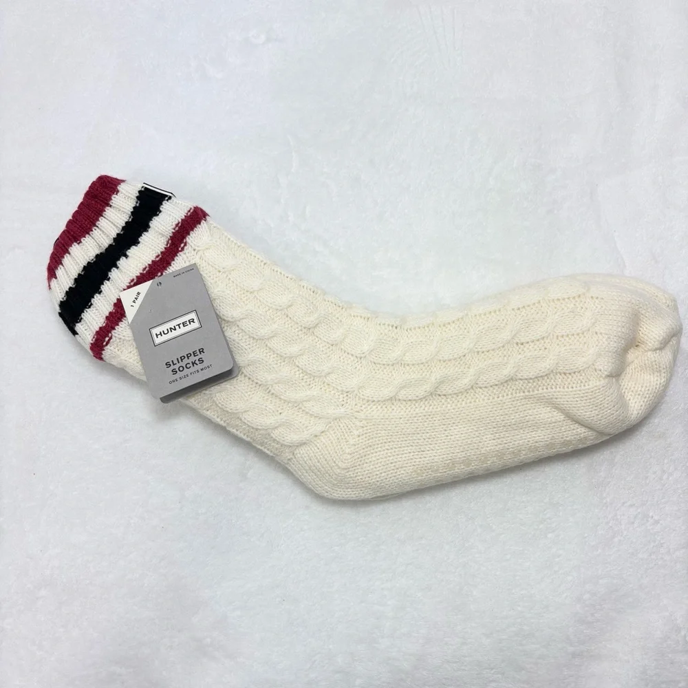 Hunter Cream Cable Knit Socks with Striped Cuff‎